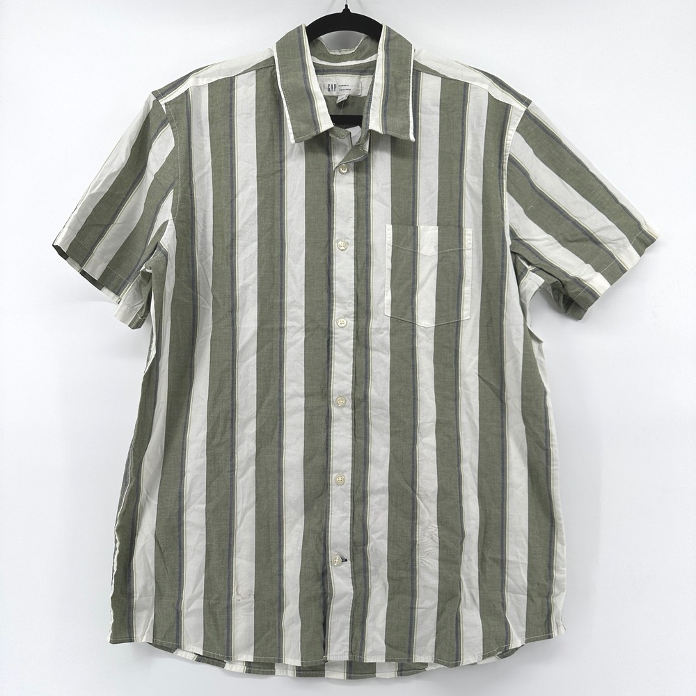 GAP Mens Stretch Poplin Short Sleeve Button Down Striped Shirt Green Large L